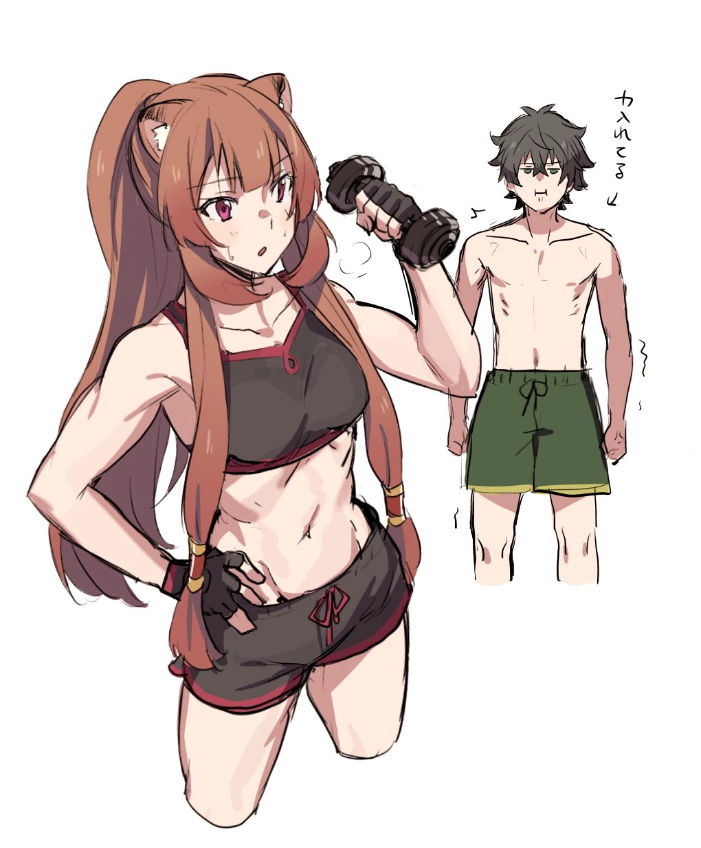 1boy, 1girl, :i, alternate_hairstyle, animal_ears, bad_link, brown_hair, fingerless_gloves, gloves, green_eyes, gym_shorts, highres, iwatani_naofumi, long_hair, masuji, muscle_envy, ponytail, pout, raccoon_ears, raccoon_girl, raccoon_tail, raphtalia, short_hair, shorts, tail, tate_no_yuusha_no_nariagari, translation_request, weights