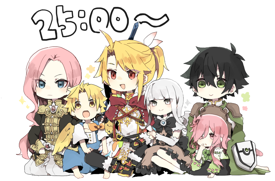 3boys, 3girls, bangs, bird_wings, blonde_hair, blue_eyes, blunt_bangs, boots