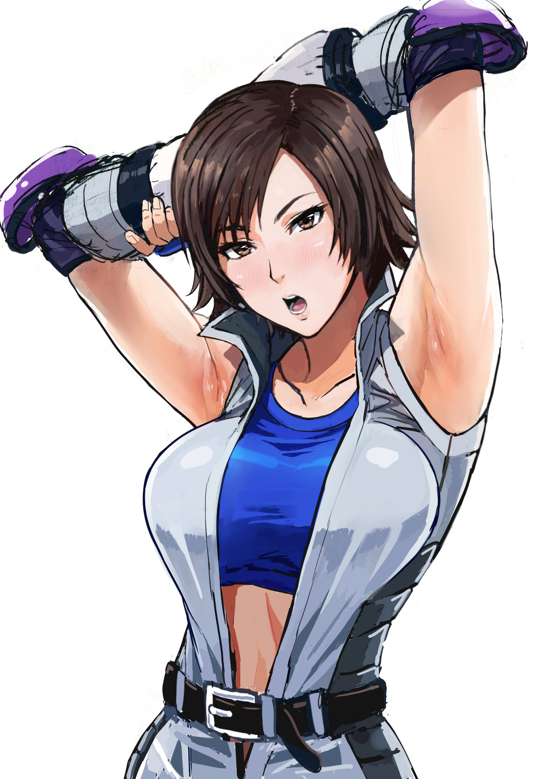1girl, armpits, arms_behind_head, arms_up, bangs, belt, blush, breasts, brown_eyes, brown_hair, highres, ishii_takamori, kazama_asuka, looking_at_viewer, open_mouth, short_hair, simple_background, solo, teeth, tekken, tekken_7, white_background