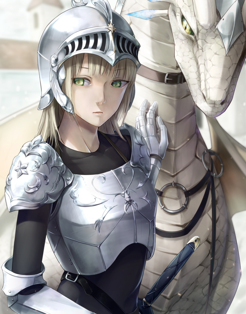 1girl, absurdres, armor, blonde_hair, bodystocking, breastplate, collarbone, commentary_request, dragon, dragon_wings, expressionless, eyebrows_visible_through_hair, gauntlets, green_eyes, harness, helmet, highres, knight, koyadofu, original, plate_armor, scales, shoulder_armor, slit_pupils, sword, visor_(armor), weapon, wings, yellow_eyes
