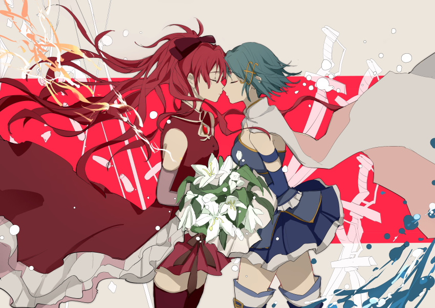 2girls, absurdres, akari_(qq941315189), bare_shoulders, beige_background, belt, black_ribbon, blue_hair