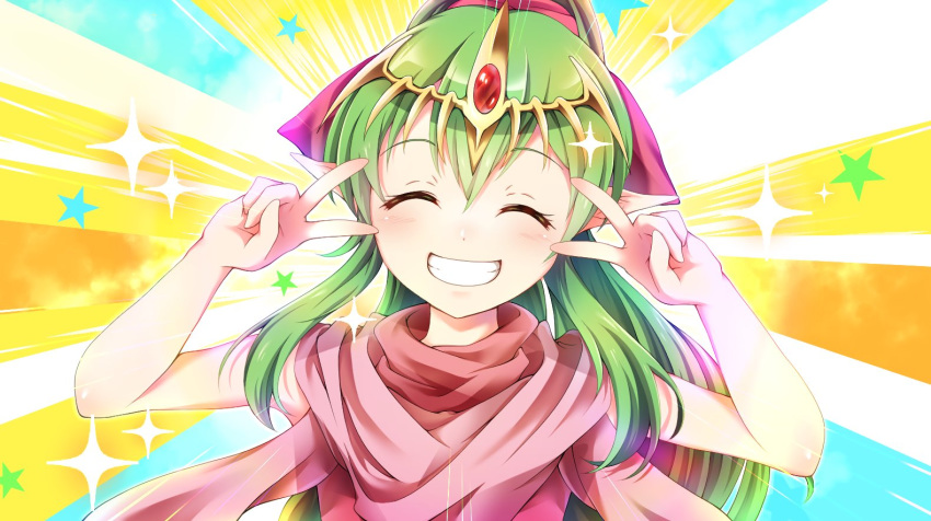 1girl, closed_eyes, double_v, emotional_engine_-_full_drive, erector_58, fate/grand_order, fate_(series), fire_emblem, fire_emblem:_mystery_of_the_emblem, green_hair, grin, long_hair, pointy_ears, ponytail, smile, solo, sparkle, tiara, tiki_(fire_emblem), upper_body, v