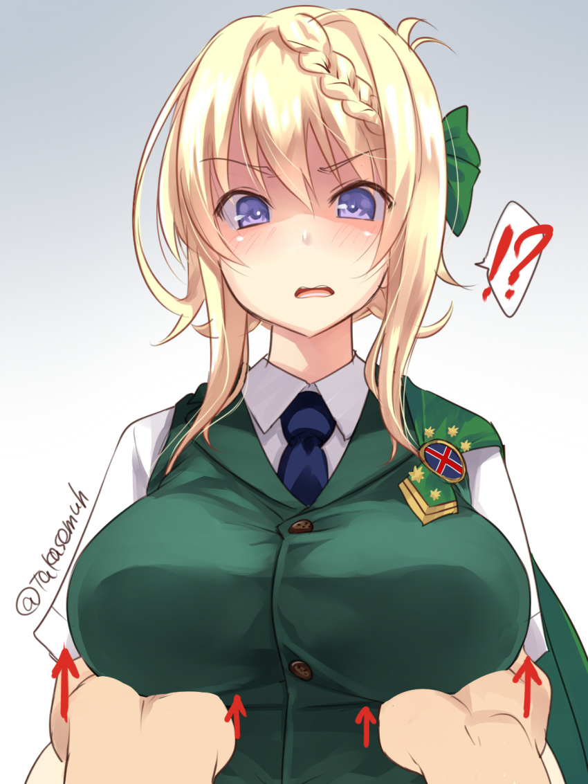 !, !?, ..., 1girl, ?, blonde_hair, blue_neckwear, blush, braid, breast_hold, breast_lift, breasts, buttons, collared_shirt, commentary_request, directional_arrow, eyebrows_visible_through_hair, frown, gradient, gradient_background, green_vest, hair_between_eyes, hands, highres, kantai_collection, large_breasts, necktie, open_mouth, perth_(kantai_collection), shaded_face, shirt, short_hair, short_sleeves, solo_focus, spoken_ellipsis, spoken_exclamation_mark, spoken_question_mark, surprised, takase_muu, twitter_username, upper_body, vest, violet_eyes, white_shirt
