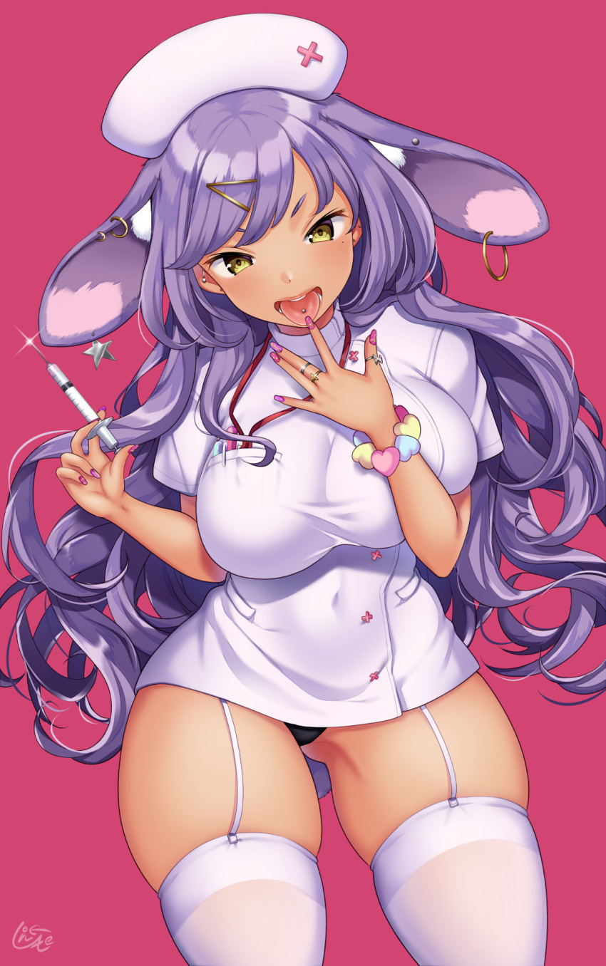 1girl, animal_ear_fluff, animal_ears, ass_visible_through_thighs, black_panties, blush, breasts, bunny_tail, commentary_request, covered_navel, dark_skin, dress, ear_piercing, earrings, garter_straps, gyaru, hat, highres, hoop_earrings, jewelry, kogal, large_breasts, lips, long_hair, looking_at_viewer, miyano_ururu, mole, mole_under_eye, nurse, nurse_cap, open_mouth, original, panties, piercing, purple_hair, purple_nails, rabbit_ears, red_background, ring, short_dress, short_sleeves, simple_background, skindentation, solo, standing, syringe, tail, thick_thighs, thigh-highs, thighs, thumb_ring, tongue, tongue_out, tongue_piercing, underwear, white_dress, white_garter_straps, yellow_eyes