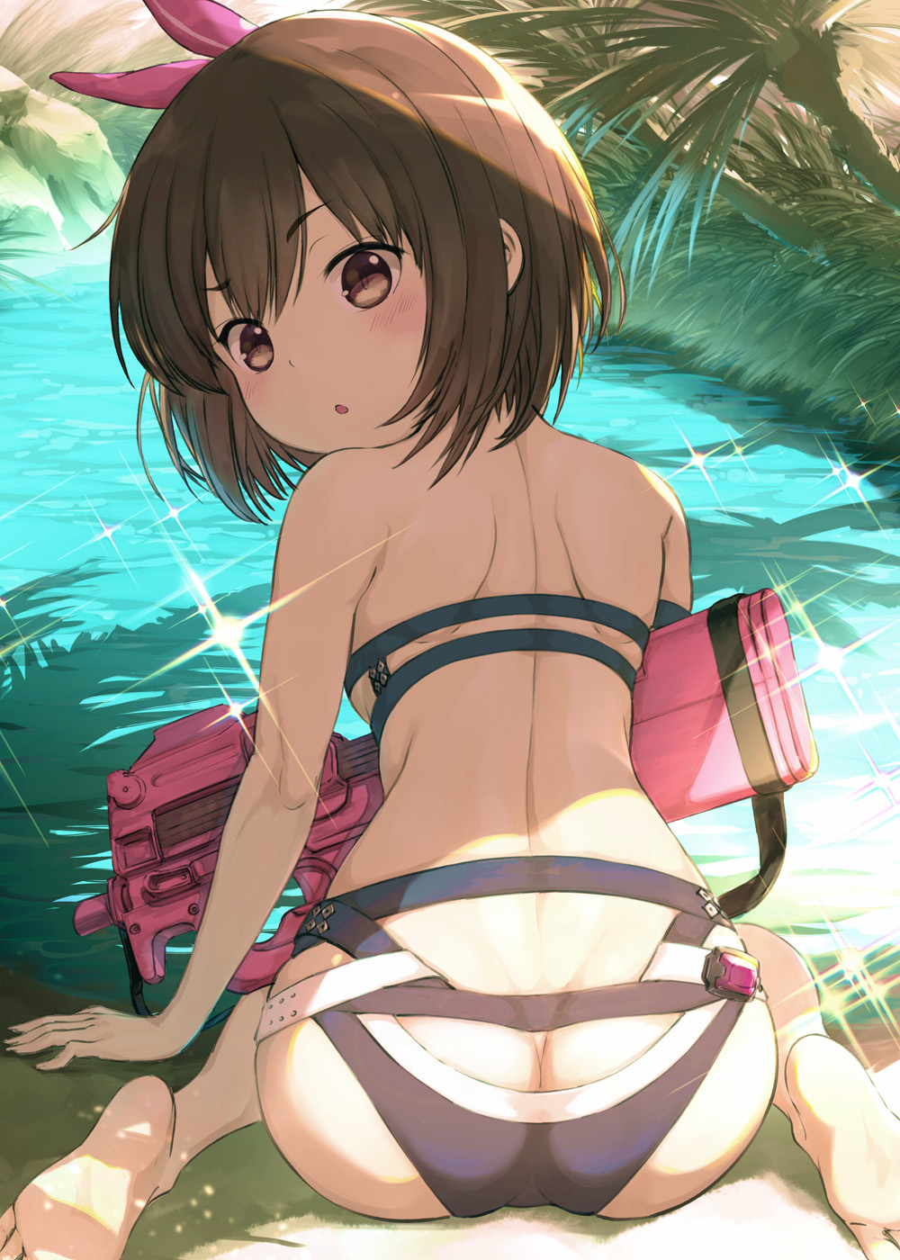 1girl, :o, animal_ears, ass, barefoot, bikini, blush, brown_eyes