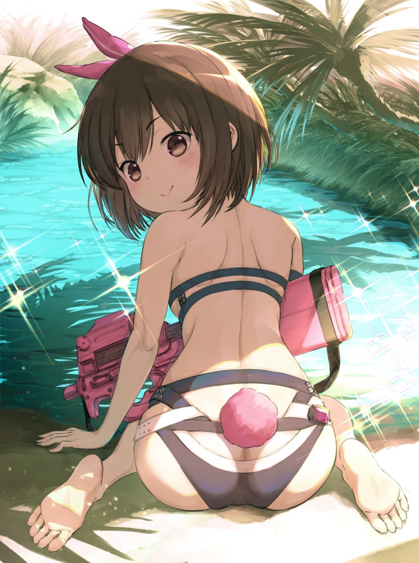 1girl, animal_ears, ass, barefoot, bikini, blush, brown_eyes, brown_hair