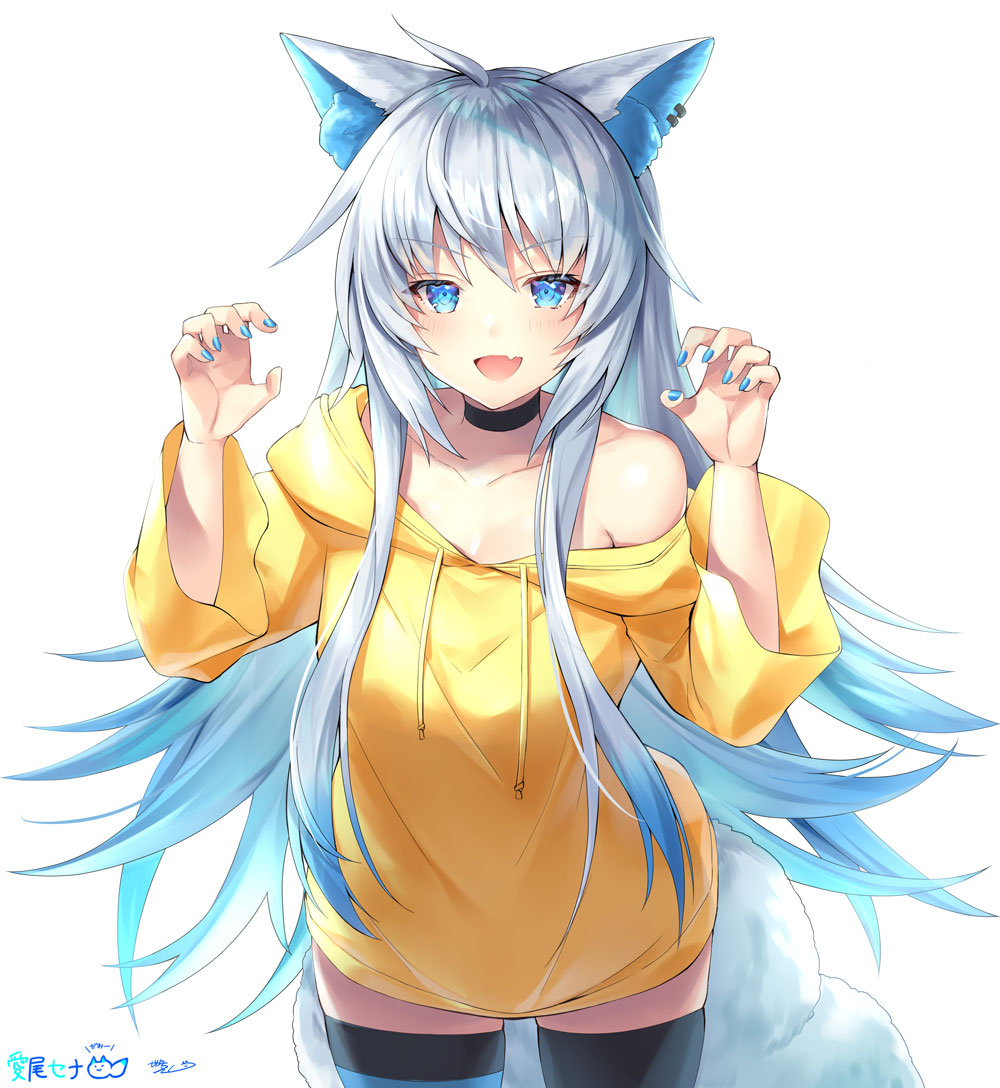 1girl, animal_ears, black_choker, black_jacket, black_legwear, blue_eyes, blue_hair, blue_nails