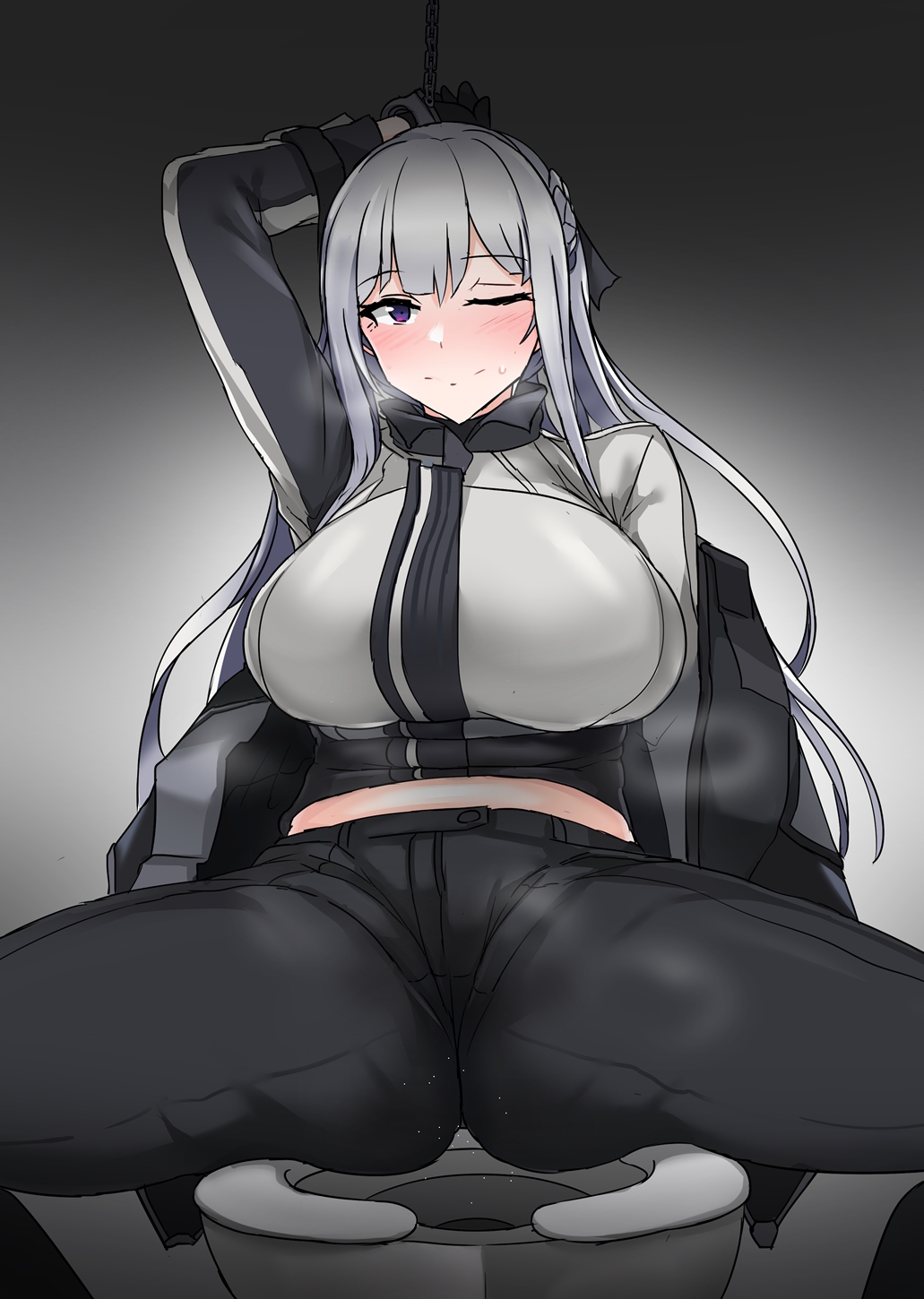 1girl, ak-12_(girls_frontline), arm_behind_head, bangs, blush, braid, breasts, commentary_request