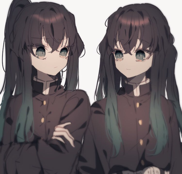 2boys, aqua_eyes, bangs, black_hair, black_shirt, brothers, buttons, crossed_arms, error, frown, gradient_hair, high_ponytail, kimetsu_no_yaiba, long_hair, looking_at_another, male_focus, miru_(mir), multicolored_hair, multiple_boys, shirt, siblings, smile, tokitou_muichirou, tokitou_yuichirou, twins, upper_body, very_long_hair, what_if