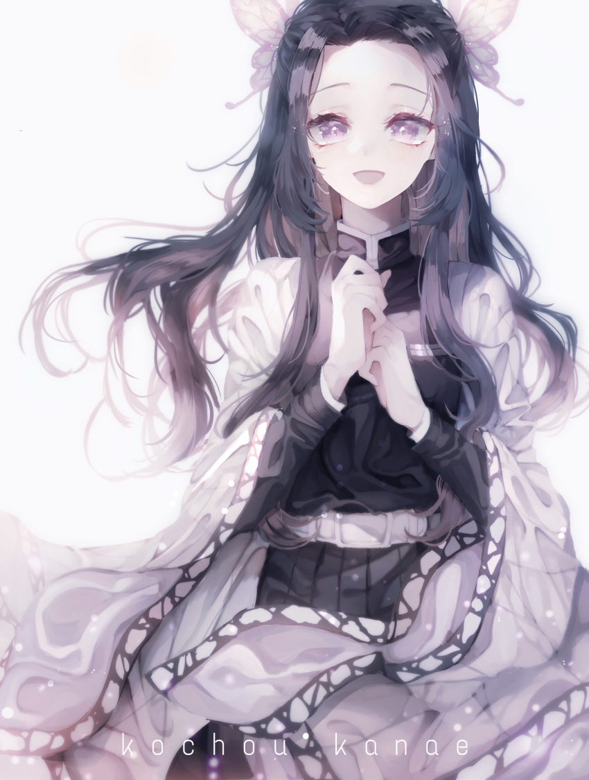 1girl, :d, absurdres, animal_print, belt, black_hair, black_shirt, black_skirt, butterfly_hair_ornament, butterfly_print, character_name, commentary, hair_ornament, haori, highres, japanese_clothes, kimetsu_no_yaiba, kochou_kanae, long_hair, long_sleeves, looking_at_viewer, miru_(mir), open_mouth, pink_eyes, pleated_skirt, shirt, sidelocks, simple_background, skirt, smile, solo, very_long_hair, white_background, wide_sleeves