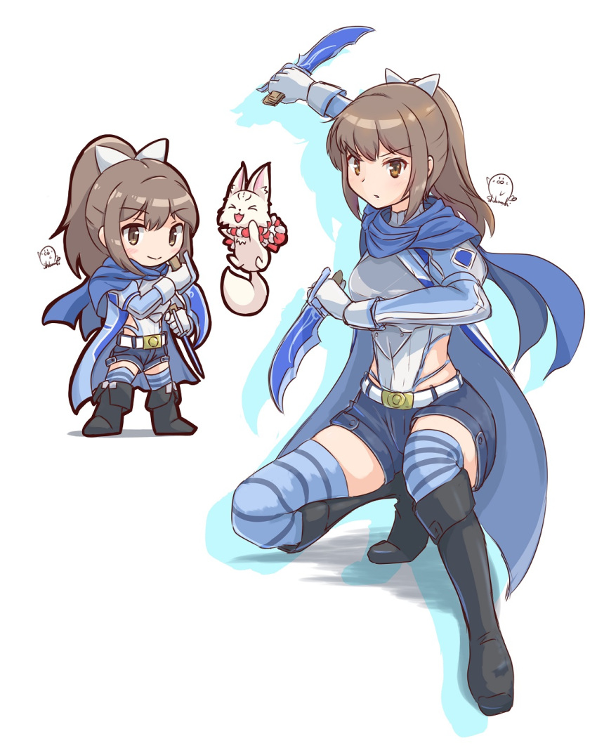 bangs, blue_scarf, blue_shorts, breastplate, brown_eyes, brown_hair, chibi, coat