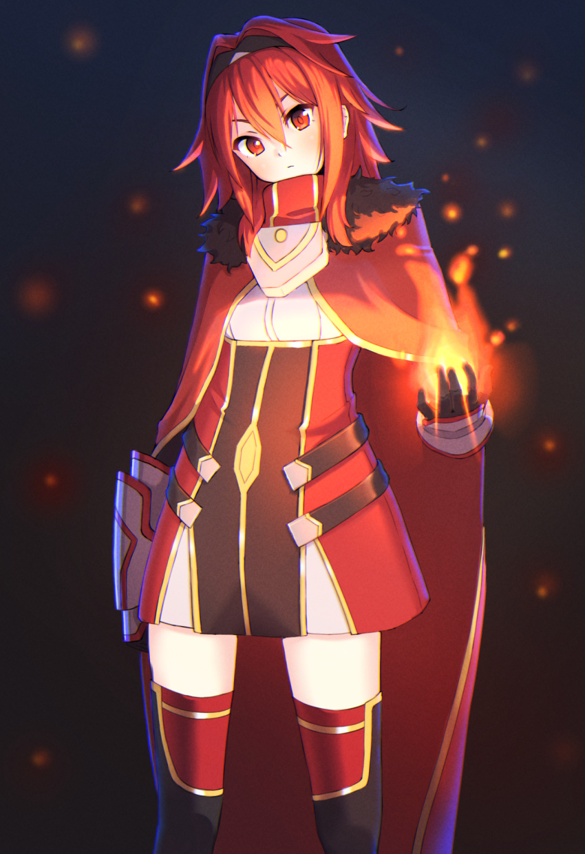 1girl, breastplate, cape, closed_mouth, dress, fire, flame, gauntlets