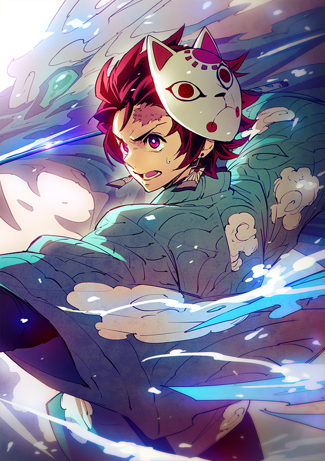 1boy, blue_kimono, commentary, cowboy_shot, earrings, forehead_scar, fox_mask, hair_slicked_back