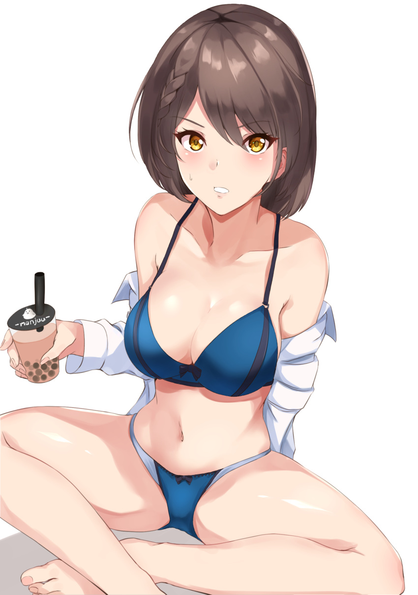 1girl, absurdres, azur_lane, baltimore_(azur_lane), barefoot, blue_bra, blue_panties, bra