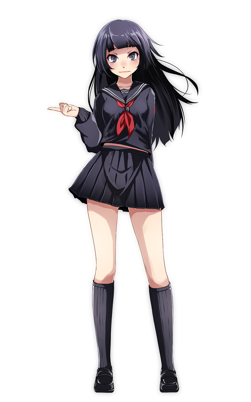 1girl, arm_behind_back, bangs, black_eyes, black_footwear, black_hair, black_legwear, black_sailor_collar, black_serafuku, black_shirt, black_skirt, chat_noir_(module), closed_mouth, collarbone, collared_shirt, commentary, floating_hair, full_body, hatsune_miku, highres, index_finger_raised, kneehighs, loafers, long_hair, long_sleeves, looking_at_viewer, midriff_peek, miniskirt, neckerchief, pleated_skirt, project_diva_(series), red_neckwear, sailor_collar, sailor_shirt, school_uniform, serafuku, shiny, shiny_hair, shirt, shoes, simple_background, skirt, smile, solo, standing, tsukishiro_saika, very_long_hair, vocaloid, white_background