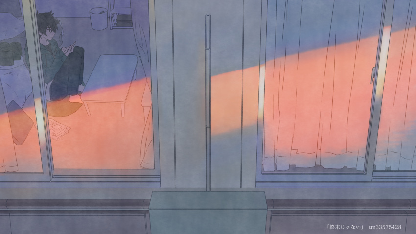 1boy, apartment, bed, bed_sheet, bedroom, brown_hair, casual, curtains, green_eyes, highres, hood, indoors, iwatani_naofumi, male_focus, messy_room, pophoping, sitting, solo, tate_no_yuusha_no_nariagari, window, yari_no_yuusha_no_yarinaoshi