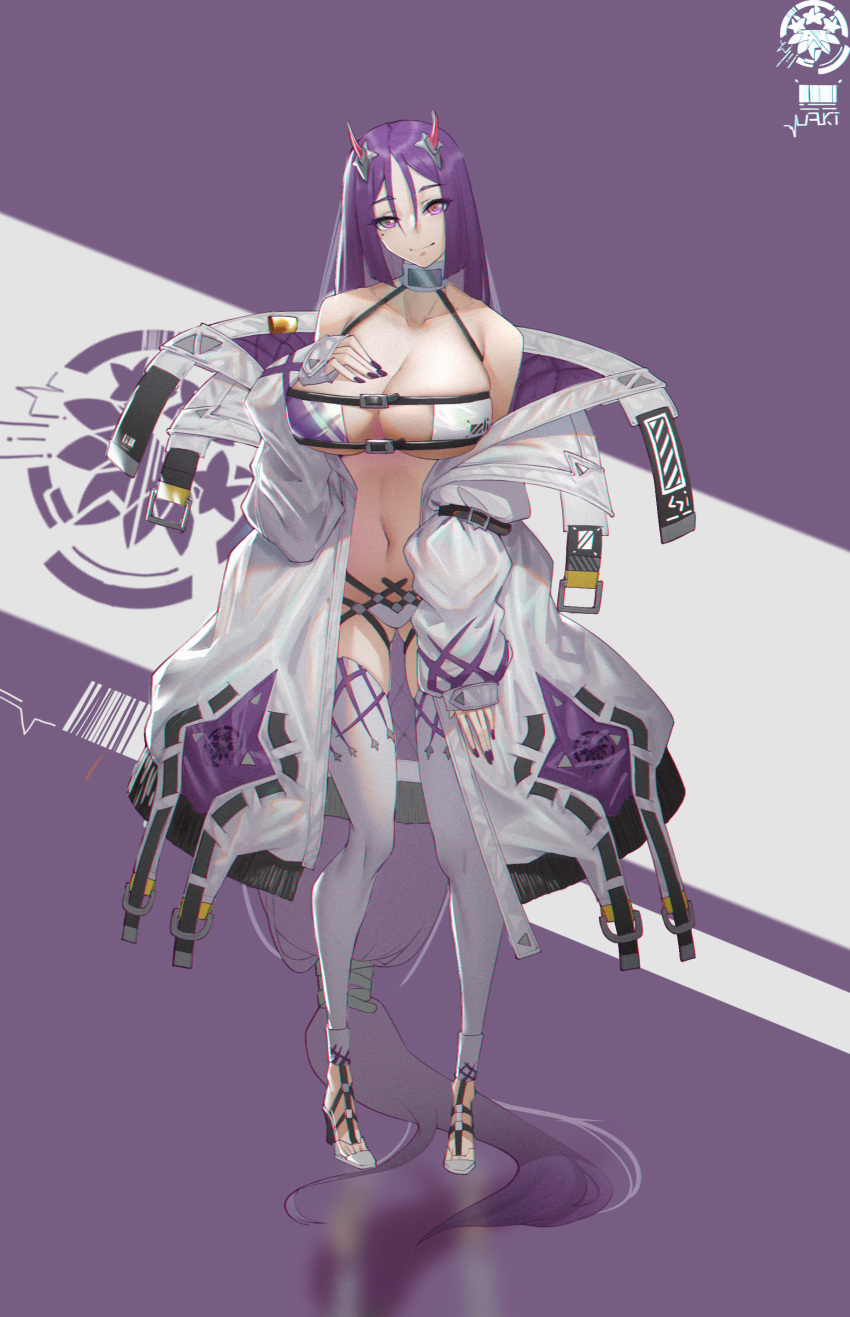1girl, absurdres, akiak1, bangs, blush, breasts, eyepatch_bikini, fate/grand_order, fate_(series), highres, jacket, large_breasts, long_hair, long_sleeves, looking_at_viewer, low-tied_long_hair, minamoto_no_raikou_(fate/grand_order), off_shoulder, oni_horns, open_clothes, open_jacket, parted_bangs, purple_hair, smile, solo, thigh-highs, very_long_hair, violet_eyes