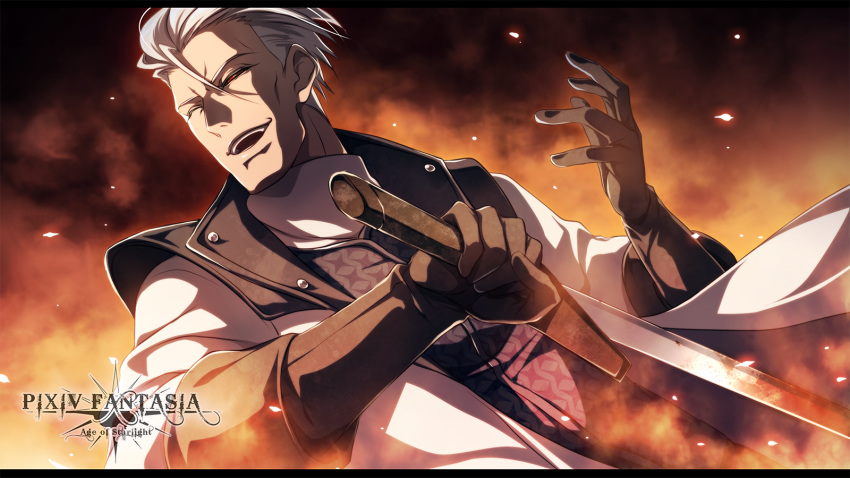 1boy, brown_gloves, copyright_name, gloves, hair_between_eyes, highres, holding, holding_sword, holding_weapon, killingrock, male_focus, open_mouth, pixiv_fantasia, pixiv_fantasia_age_of_starlight, red_eyes, simple_background, solo, sword, upper_body, weapon, white_conqueror_fau, white_hair