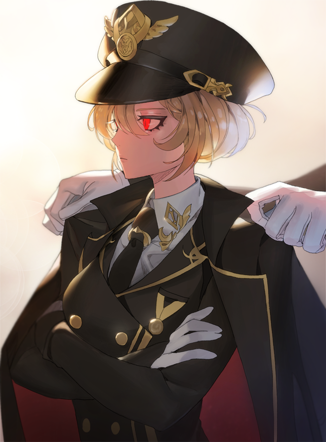 1girl, black_headwear, black_jacket, blonde_hair, coat, crossed_arms, double-breasted, gloves, hat, jacket, jacket_on_shoulders, military, military_hat, military_uniform, necktie, original, peaked_cap, red_eyes, sai4898, short_hair, solo, standing, uniform, upper_body, white_gloves