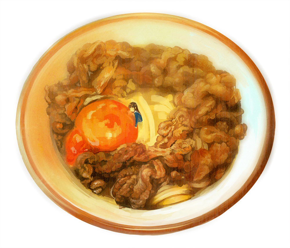 1girl, bangs, blue_shirt, bowl, brown_hair, food, in_food, long_sleeves, meat, minigirl, noodles, original, sailor_collar, shirt, solo, tami_yagi, udon, white_sailor_collar, yolk