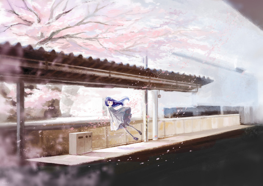 1girl, blue_hair, blurry_foreground, cherry_blossoms, dress, grey_dress, long_hair, long_sleeves