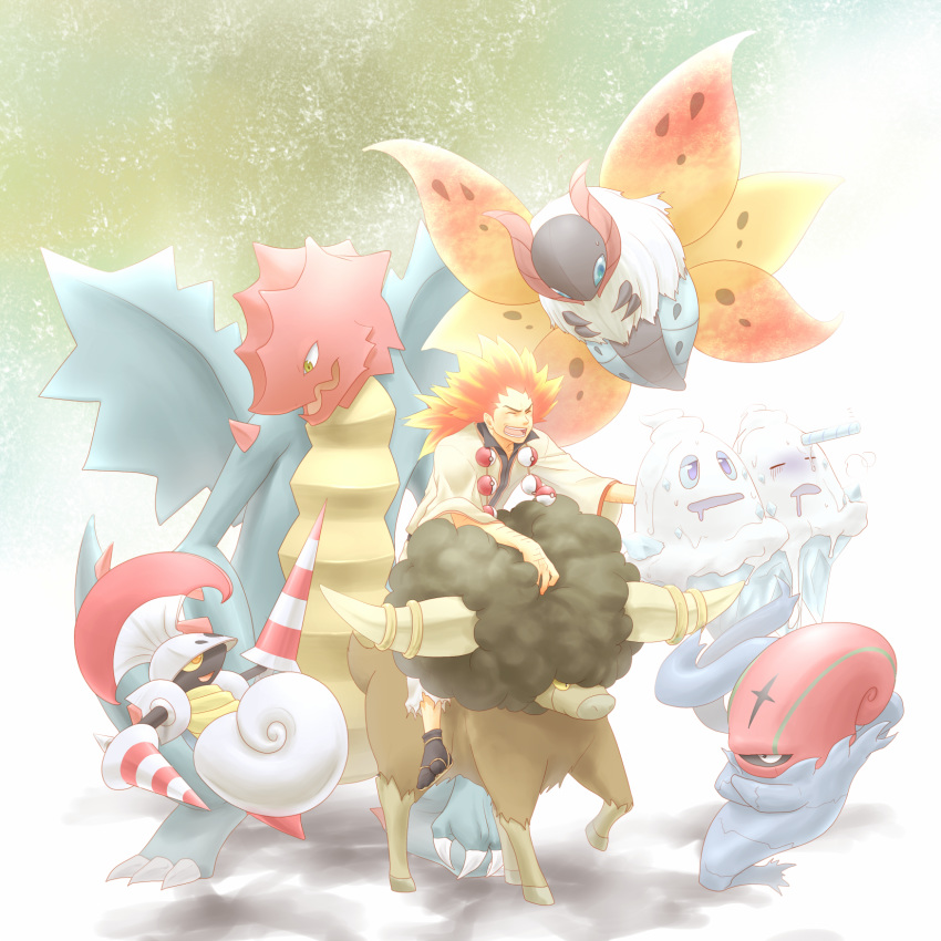 1boy, ^_^, accelgor, adeku_(pokemon), bouffalant, closed_eyes, commentary_request, druddigon
