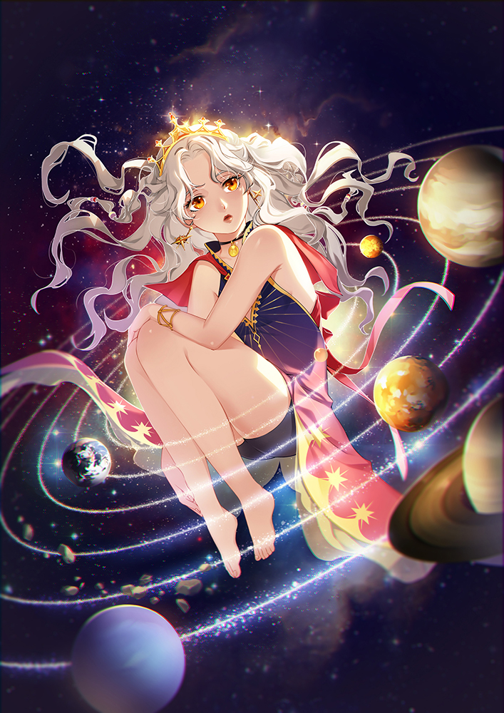 1girl, asteroid, bare_legs, bare_shoulders, barefoot, choker, crown, earth