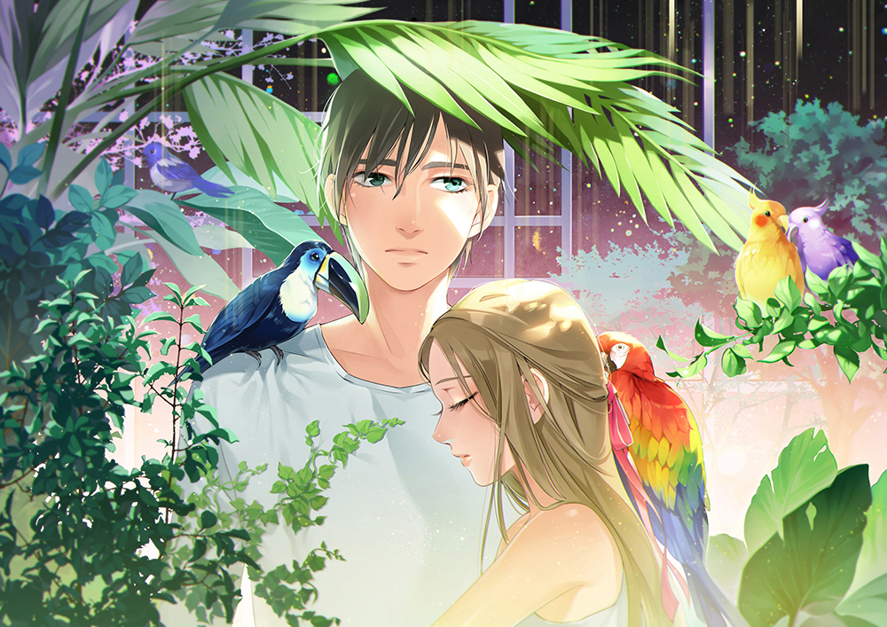 1boy, 1girl, animal_on_shoulder, aqua_eyes, bird, bird_on_shoulder, bird_request, closed_eyes