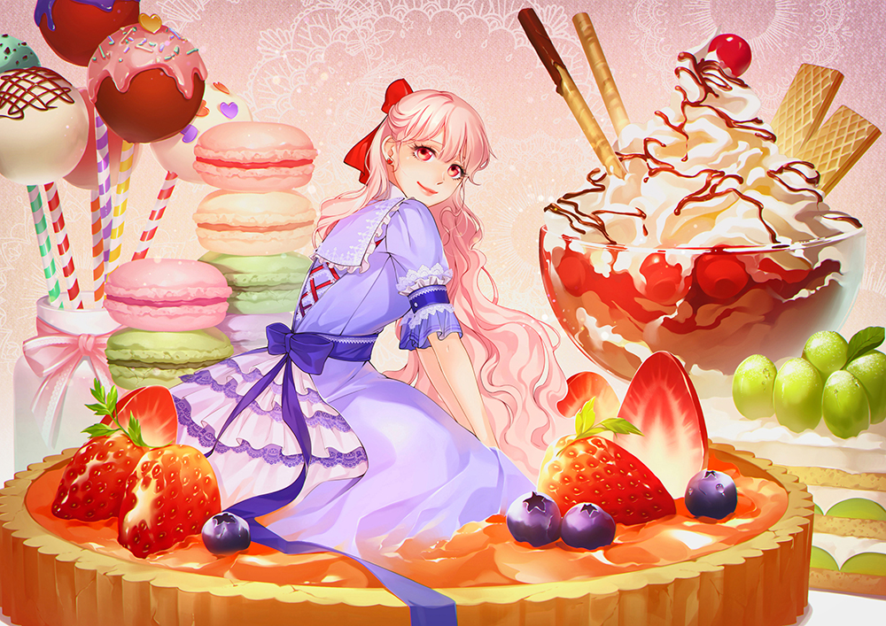 1girl, back_bow, bangs, blueberry, bow, cake, candy, cherry