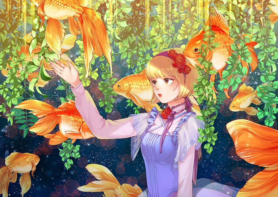 1girl, animal, arm_up, bangs, blonde_hair, dress, expressionless, fish