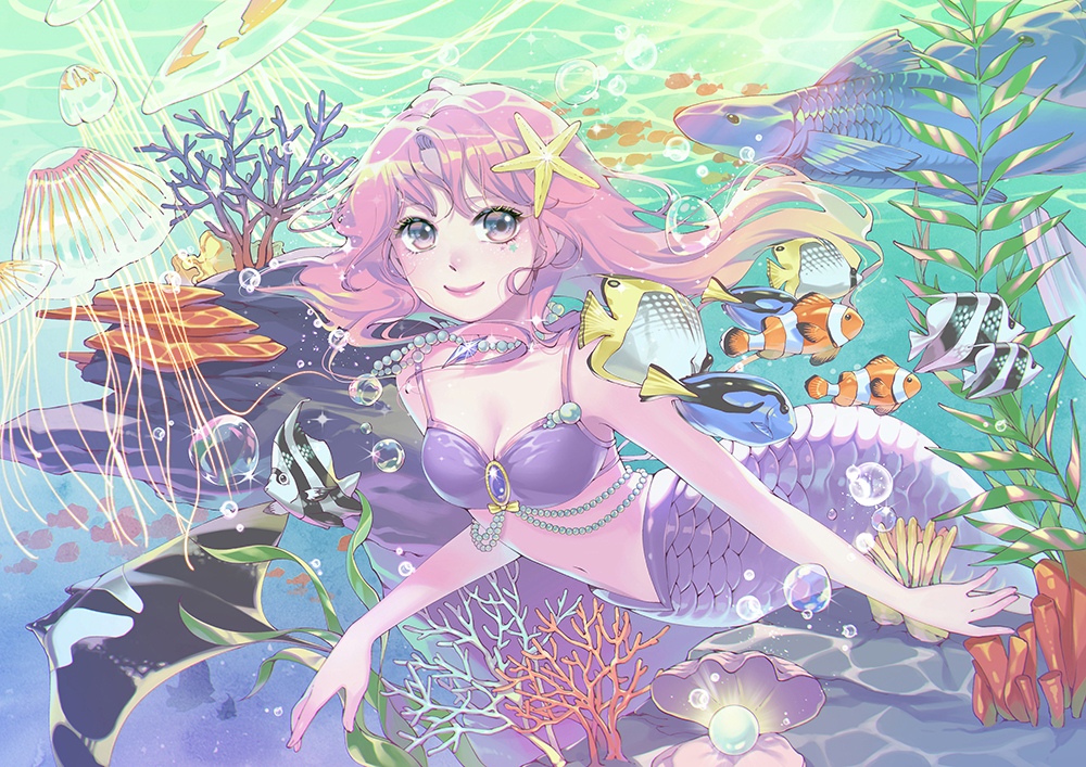 1girl, air_bubble, bangs, bubble, butterflyfish, clownfish, coral, fish
