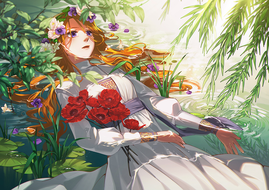 1girl, afloat, dress, fine_art_parody, floating, flower, grass, jeya_(leej3ya)