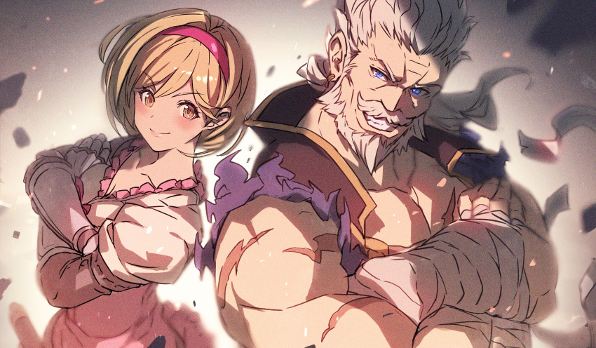1boy, 1girl, absurdres, back-to-back, bandages, beard, blonde_hair, blue_eyes