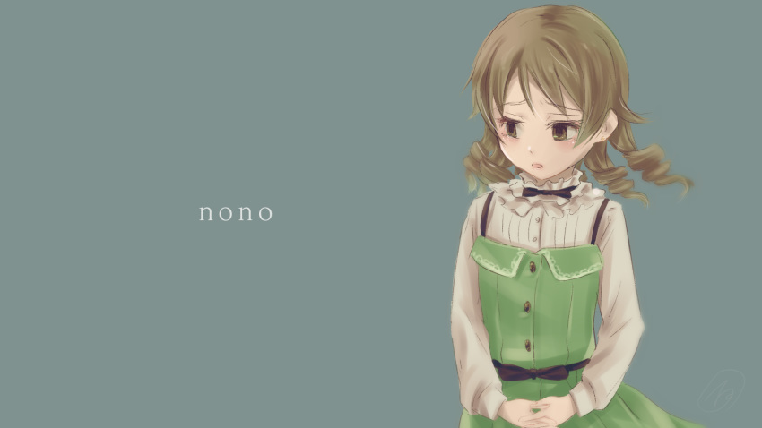 1girl, :o, blonde_hair, blouse, brown_eyes, character_name, dress, eyebrows_visible_through_hair