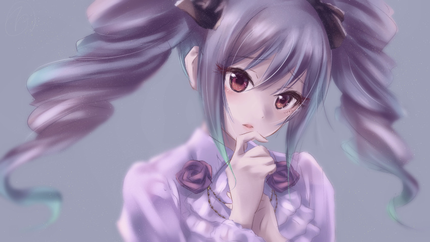 1girl, blouse, blurry_foreground, drill_hair, eyebrows_visible_through_hair, frilled_blouse, grey_background, hair_ornament