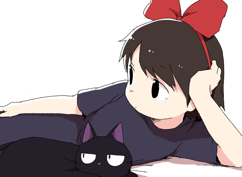 1girl, animal, arm_support, black_eyes, black_hair, bow, cat, dokan_(dkn), hair_bow, head_rest, jiji_(majo_no_takkyuubin), kiki, lying, majo_no_takkyuubin, on_side, white_background