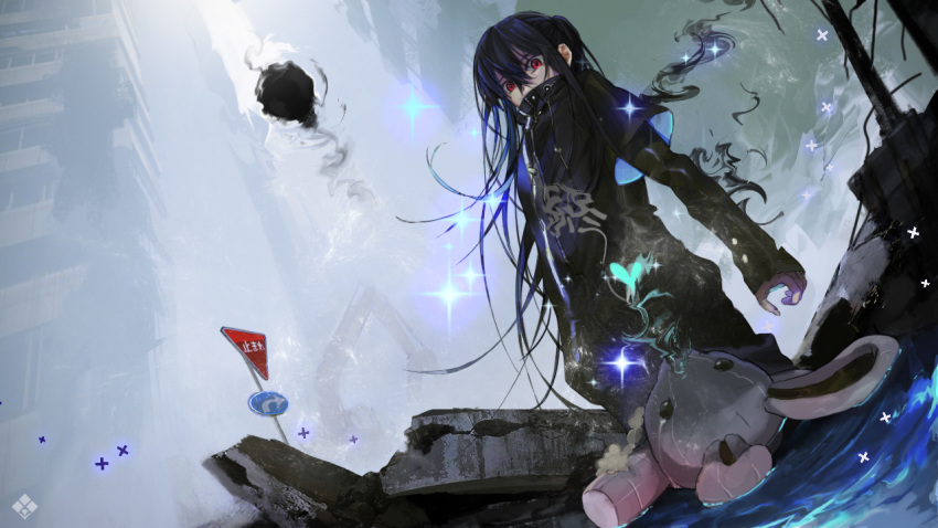 1girl, aura, black_hair, black_jacket, building, crane_(machine), fingernails, glint
