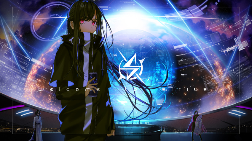 3girls, belt, black_hair, blue-framed_eyewear, can, city, closed_mouth, clouds