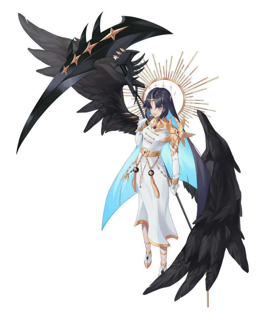 1girl, absurdres, angel, belt, black_hair, black_wings, blue_hair, dress