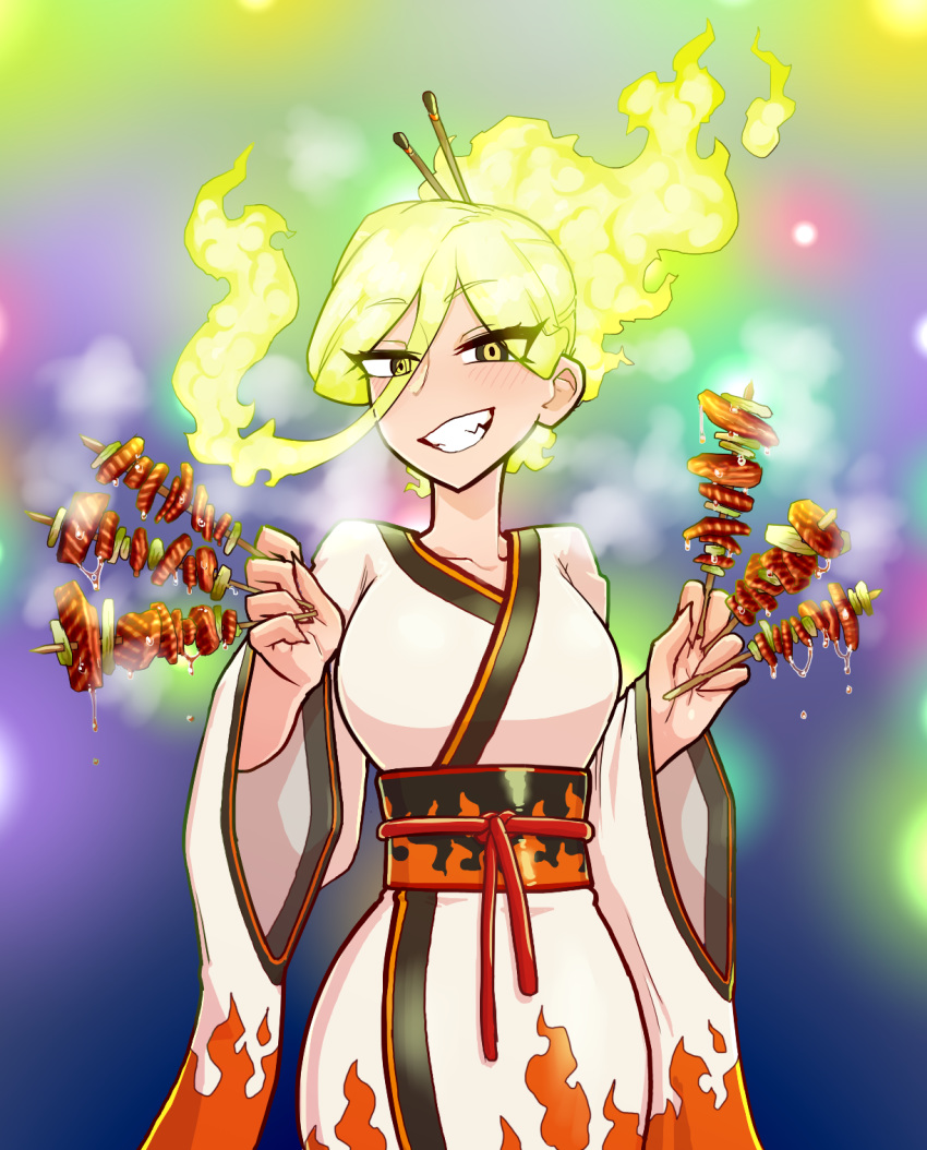 1girl, blonde_hair, blush, boku_no_hero_academia, breasts, burnin_(boku_no_hero_academia), eyebrows_visible_through_hair, fiery_hair