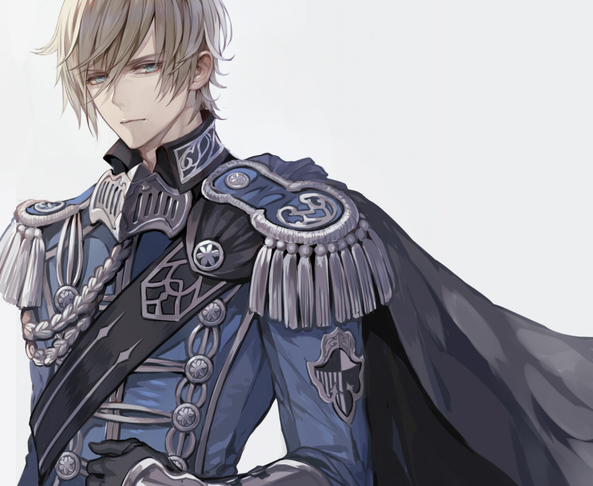 1boy, armor, black_cape, black_gloves, blonde_hair, braid, cape, closed_mouth