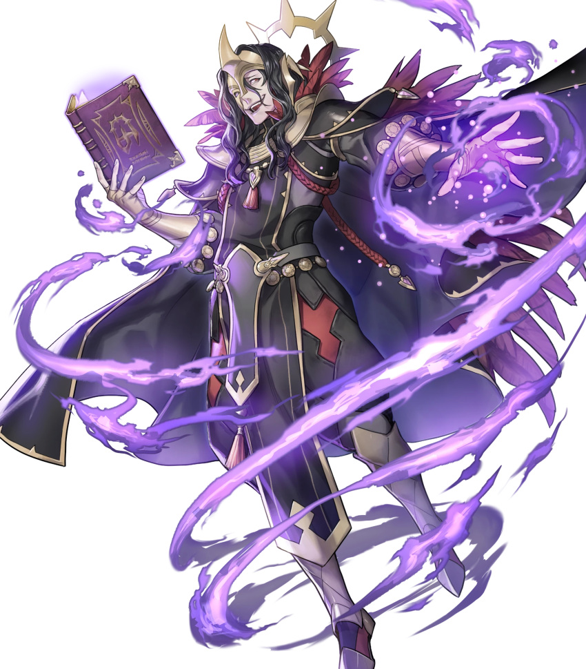 1boy, black_hair, book, boots, cape, feathers, fingerless_gloves, fire_emblem