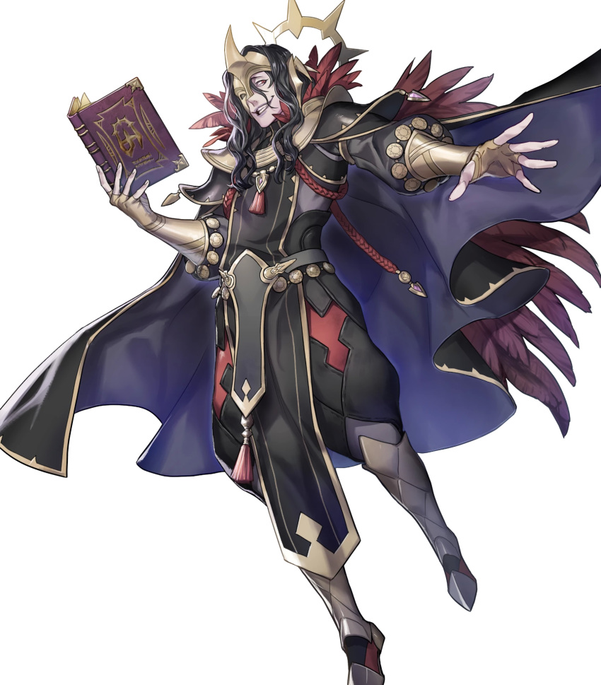 1boy, black_hair, book, boots, cape, feathers, fingerless_gloves, fire_emblem