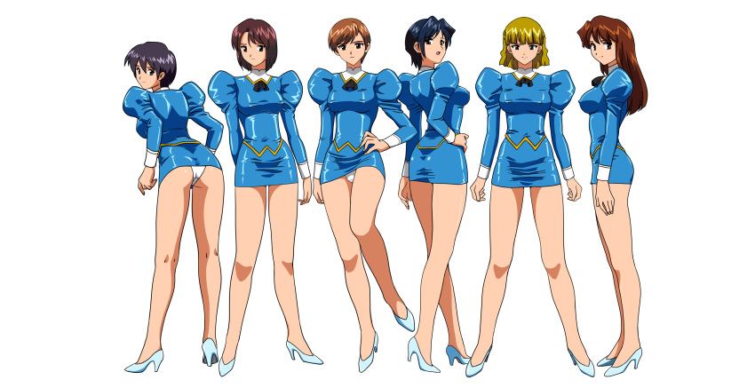 6+girls, absurdres, agent_aika, aika_(series), ass, bangs, black_hair, black_neckwear, blonde_hair, blue_delmo, blue_delmo_b, blue_delmo_s, blue_delmo_t, blue_delmo_u, blue_delmo_v, blue_delmo_w, blue_hair, blue_jacket, blue_skirt, breasts, brown_eyes, brown_hair, closed_mouth, covered_nipples, cravat, crotch_seam, delmogeny_uniform, full_body, hand_on_hip, high_heels, highres, jacket, juliet_sleeves, long_sleeves, medium_breasts, multiple_girls, panties, pantyshot, pantyshot_(standing), pencil_skirt, puffy_sleeves, redhead, short_hair, skin_tight, skirt, solo, standing, taut_clothes, transparent_background, turnip007, underwear, uniform, white_panties