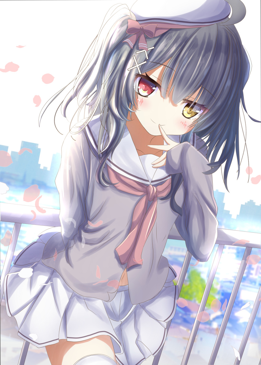 1girl, aruka_(alka_p1), bangs, beret, black_hair, black_shirt, blush, bow