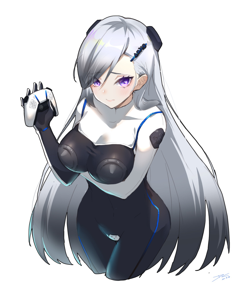 1girl, absurdres, arm_under_breasts, arm_up, artist_name, bangs, bodysuit, closed_mouth