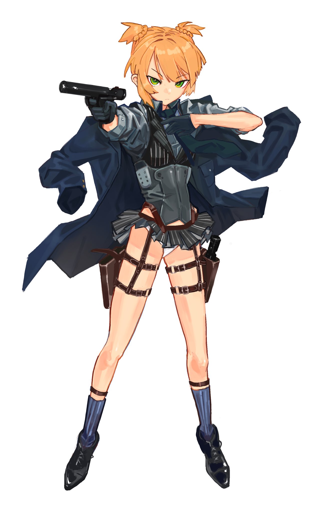 1girl, aiming, arm_up, bangs, black_footwear, black_gloves, blonde_hair, blue_legwear