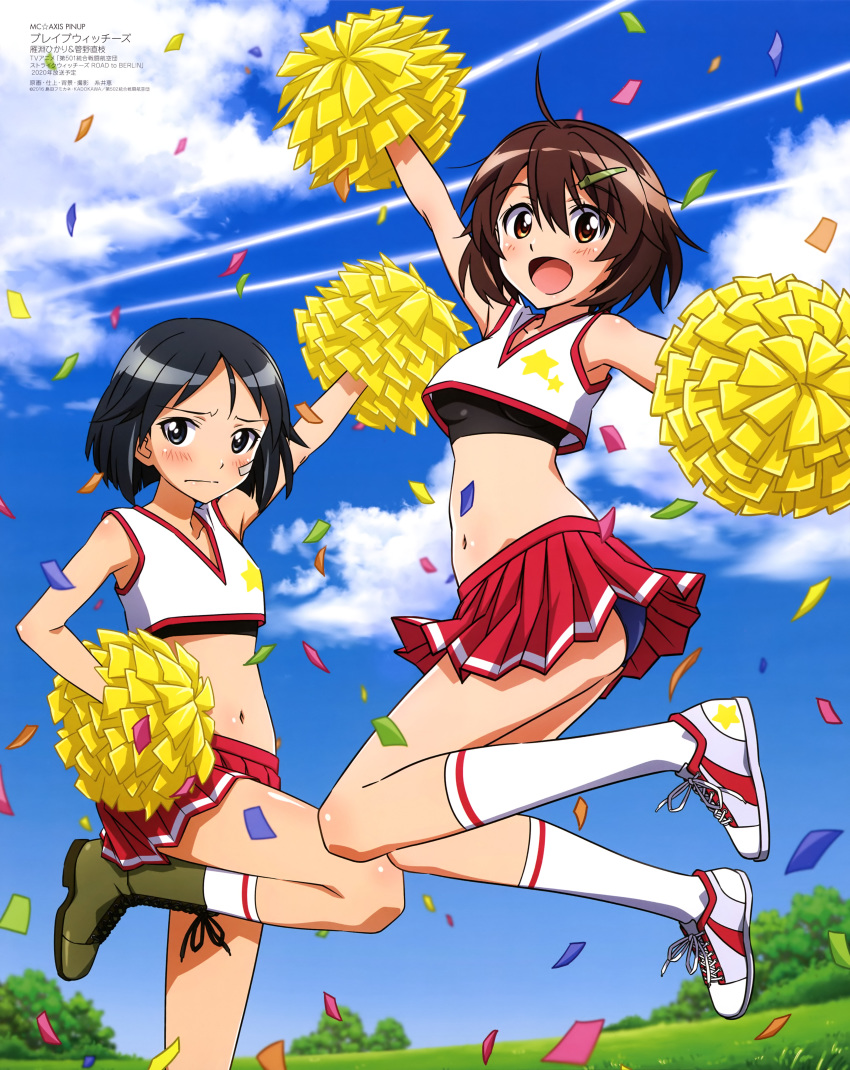 2girls, :d, absurdres, ahoge, arm_up, arms_up, bandaid, bandaid_on_face