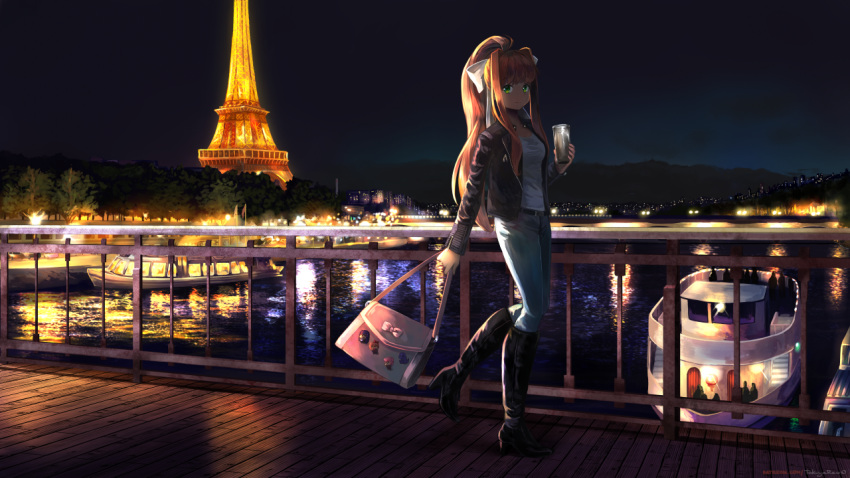 1girl, bag, belt, boat, boots, bridge, brown_hair, character_pin, denim, doki_doki_literature_club, eiffel_tower, green_eyes, hair_ribbon, handbag, high_heel_boots, high_heels, jacket, jeans, lamppost, leather, leather_jacket, monika_(doki_doki_literature_club), natsuki_(doki_doki_literature_club), night, pants, paris, ribbon, river, sayori_(doki_doki_literature_club), seine_river, shirt, solo, takuyarawr, tree, watercraft, white_ribbon, white_shirt, yuri_(doki_doki_literature_club)