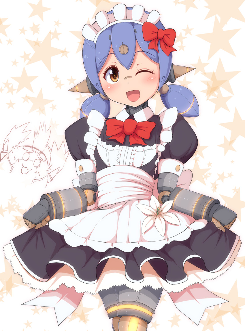 1boy, 1girl, :d, alternate_costume, android, blush, bow, curtsey